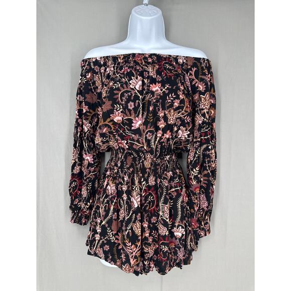 Free People Romper Womens XS Black Floral Cottagecore Off Shoulder Boho Bohemian - Picture 1 of 8